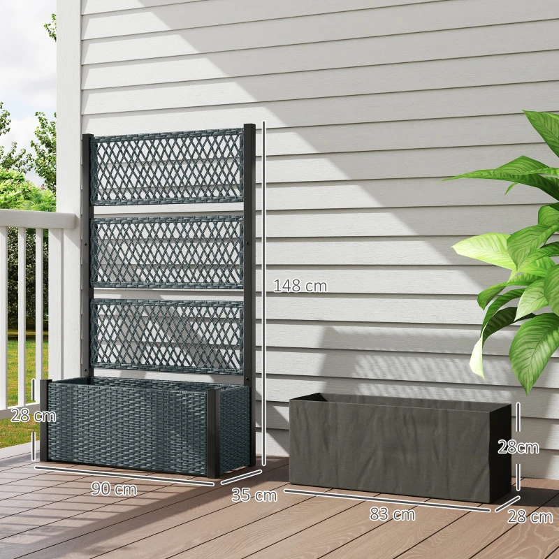 Outsunny Hoogbed met klimrek in rattan-look plantenbak bloembak met klimsteun 90 x 35 x 148 cm Donkergrijs