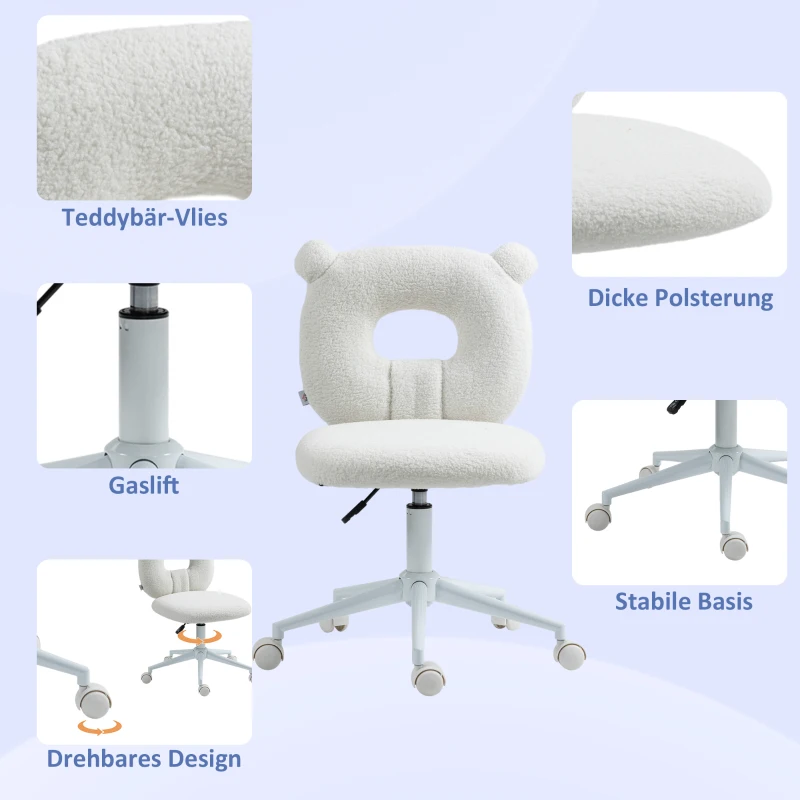 HOMCOM Bureaustoel, verstelbaar, teddybont, 50 cm x 56 cm x 90 cm, wit(m-5)