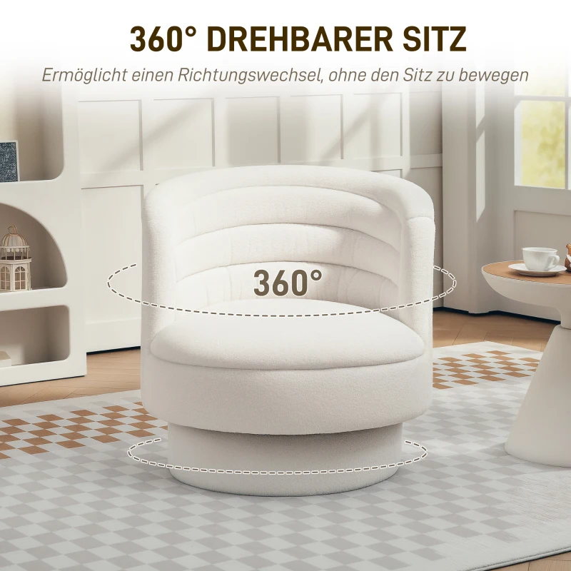 HOMCOM Draaibare gestoffeerde fauteuil, moderne loungefauteuil met frame van rubberhout, voor woonkamer en slaapkamer, crèmewit