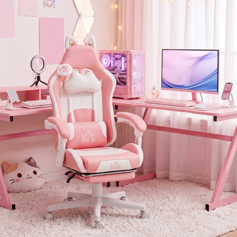 HOMCOM Cat Ear and Paw Reclining Office Chair, with Footrest - Pink/White
