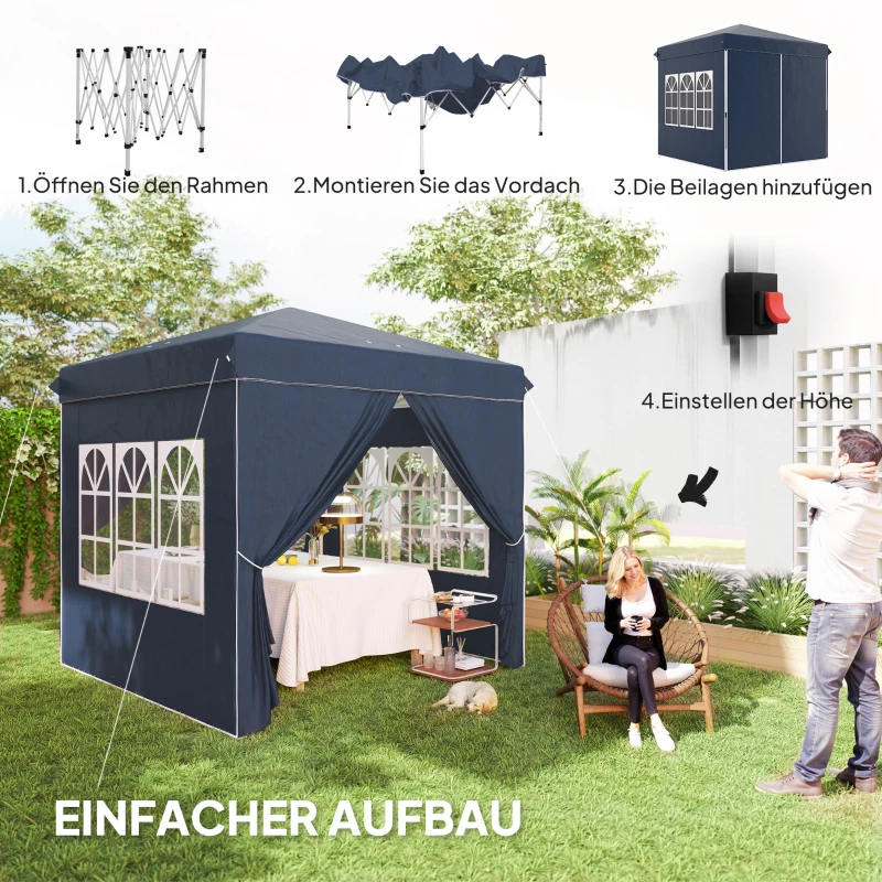 Outsunny 2,5 x 2,5 m pop-up paviljoen met zijwanden en draagtas, UPF50+ in hoogte verstelbaar tuintent, Donkerblauw