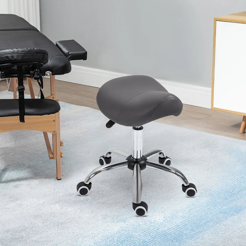 HOMCOM Rollende kruk, zadelvormige zitting, in hoogte verstelbaar, 360° draaibaar, kunstleer, donkergrijs, 53 x 52 x 49-61 cm(m-2)
