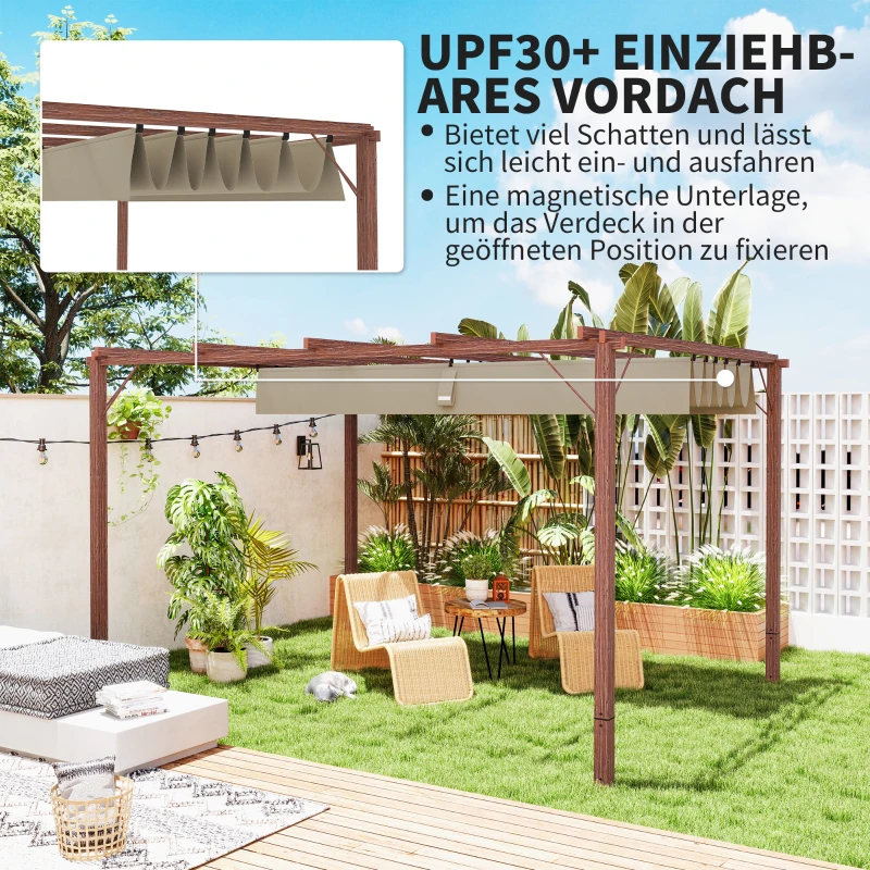 Outsunny 3 x 4 m tuinpergola, verstelbaar terrasdak, aluminium frame, UPF30+ zonbescherming, natuurhout