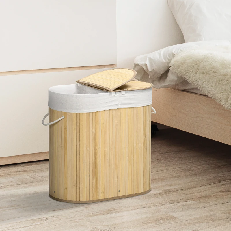 HOMCOM Cesto Portabiancheria a 2 Sezioni, 2 Coperchi e Capacità 100L con Sacca Interna Removibile, 62.5x37x60.5 cm
