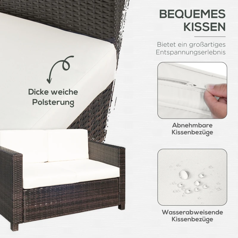 Outsunny tuin lounge PE rotan bank met kussens 2-zits tuin lounge bank buiten metaal polyester bruin + wit 130 x 70 x 80 cm
