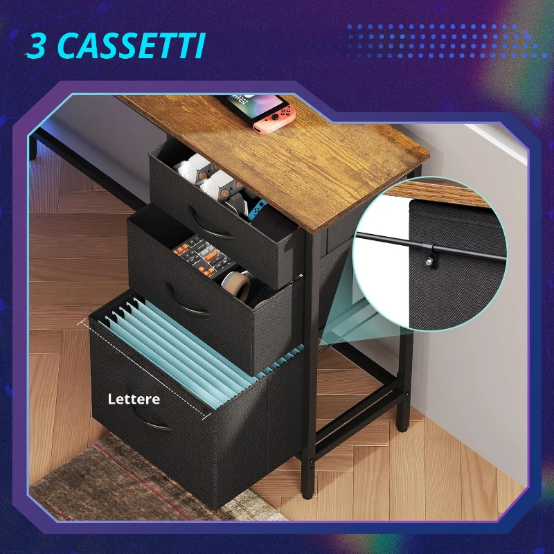 Scrivania angolare a L con illuminazione LED, rialzo per monitor + gancio per cuffie, 142x118x87,5 cm, Marrone