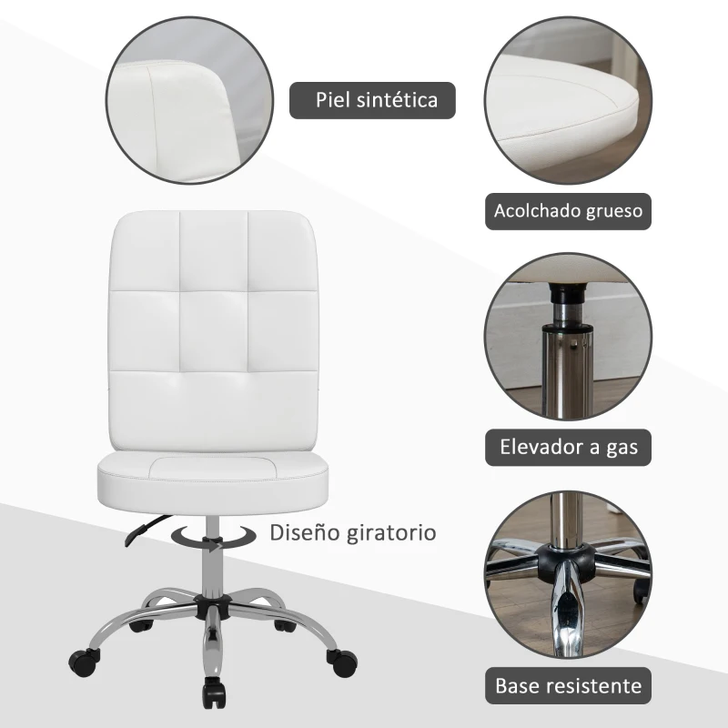 Vinsetto Silla de Oficina sin Brazos Silla de Escritorio Giratorio de Piel Sintética con Altura Ajustable 45x59x90-100 cm Blanco