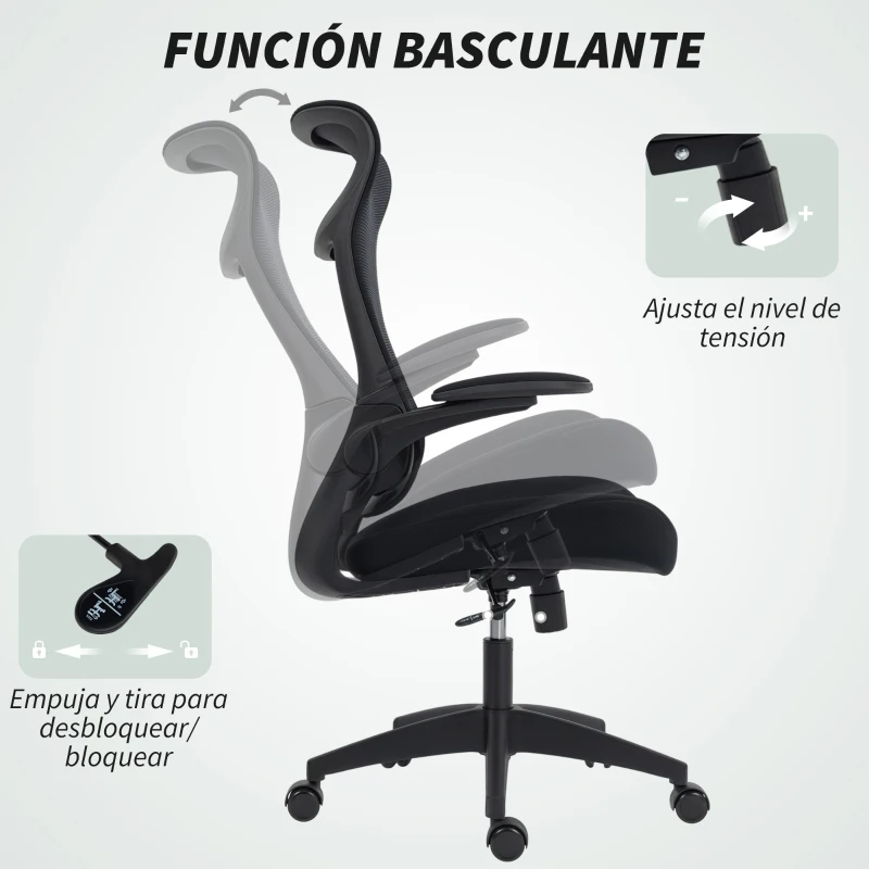 HOMCOM Silla de Oficina Ergonómica Giratoria de Malla con Soporte Lumbar Reposabrazos Abatibles Reposacabezas Basculante Negro