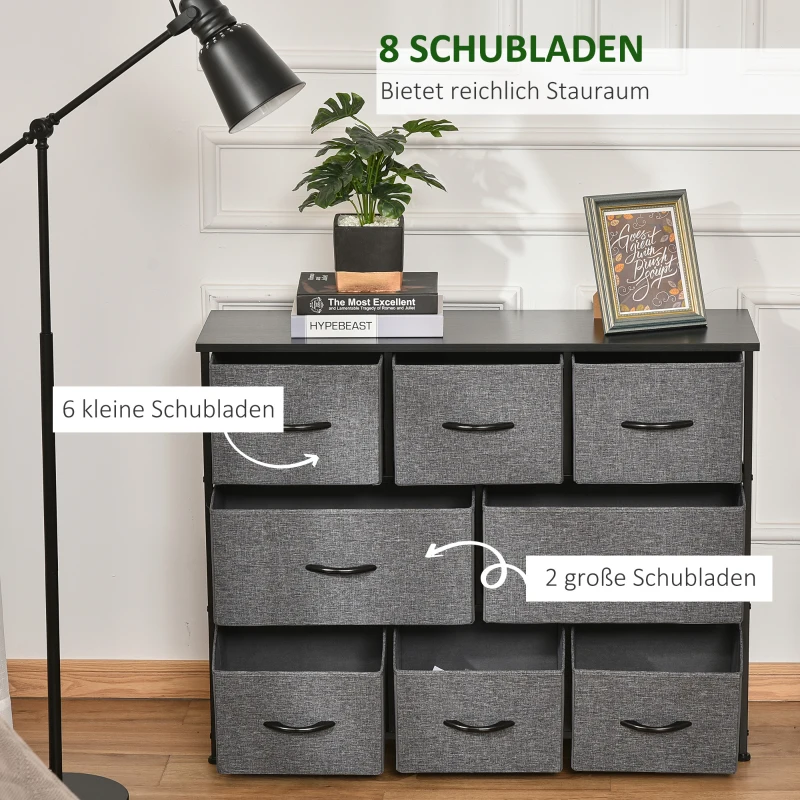 HOMCOM Ladekast met 8 Stoffen Lades, 2 Groot, 6 Klein, Metalen Frame, Kantelbeveiliging, Grijs