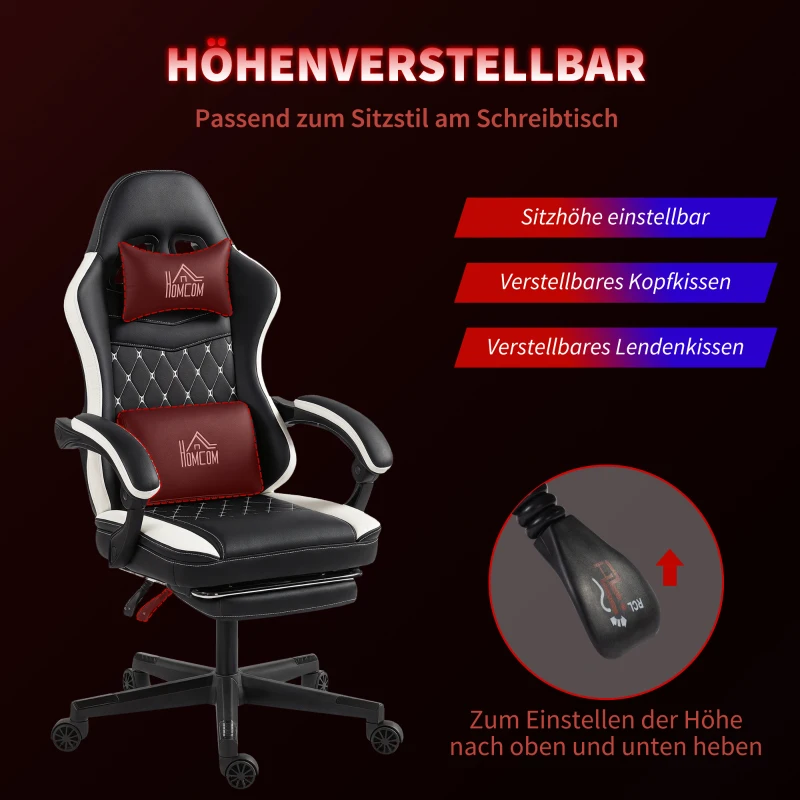 HOMCOM Gaming-Stoel met Voetensteun, Computerstoel met Hoofdkussen & Kussen, Kunstleer Bekleding, Draaibaar, Hoogte Verstelbaar, Metaal, Kunststof, Zwart+Wit