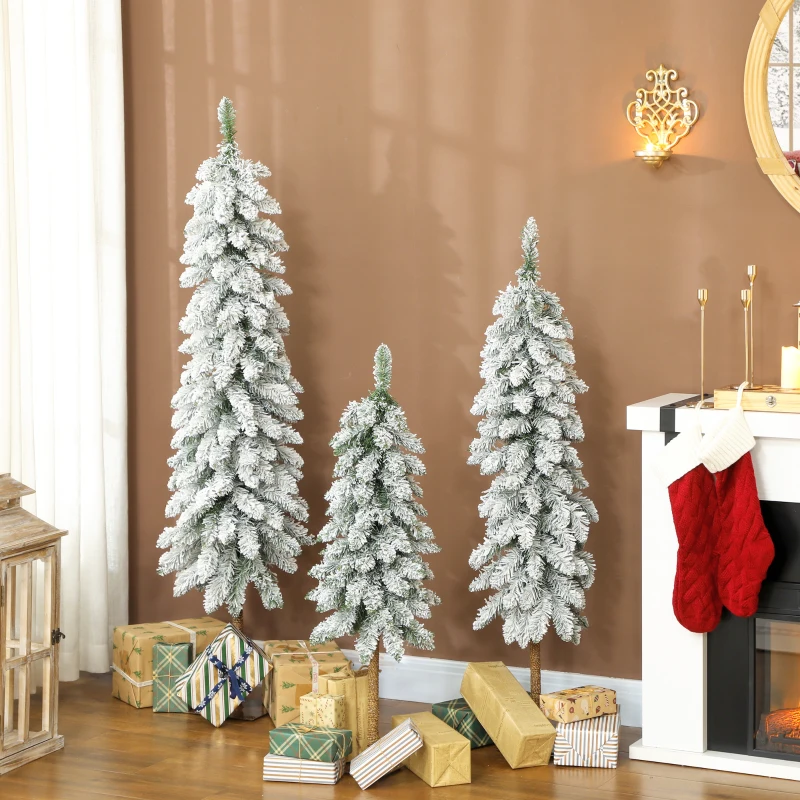HOMCOM 3-delige set besneeuwde kunstkerstbomen, 90/120/150 cm, vlamvertragend, groen/wit(m-2)