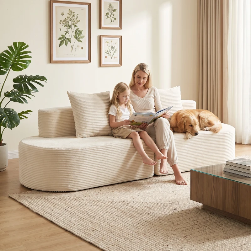 HOMCOM Canapea 3 locuri curbată, catifea cu nervuri 245cm, canapea living, șezut adânc, 2 perne, livrat comprimat, crem