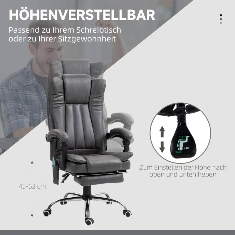 Vinsetto Directiestoel met Massage- en Verwarmfunctie, Voetensteun, Verstelbaar, tot 120kg, Grijs