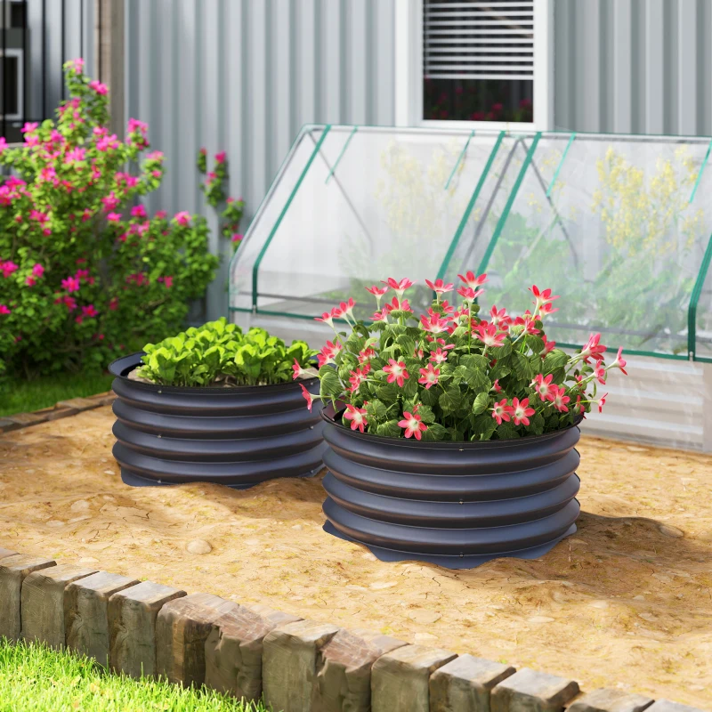 Outsunny 2-delige set verzinkte plantenbakken, Ø60 x 30H cm bloempotten met open bodem voor diverse planten, Donkergrijs