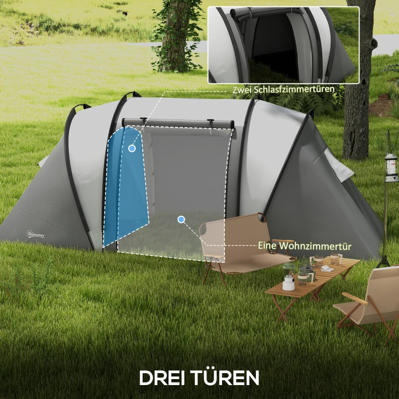 Outsunny Waterafstotende Kampeertent voor 4-5 Personen met 3 Kamers, Zijdeur, en Vensters in Grijs