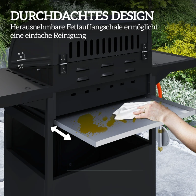 Outsunny Mobiele gasbarbecue met opbergruimte, zijtafel, zijbrander, warmhoudrooster, thermometer, roestvrij staal, zwart