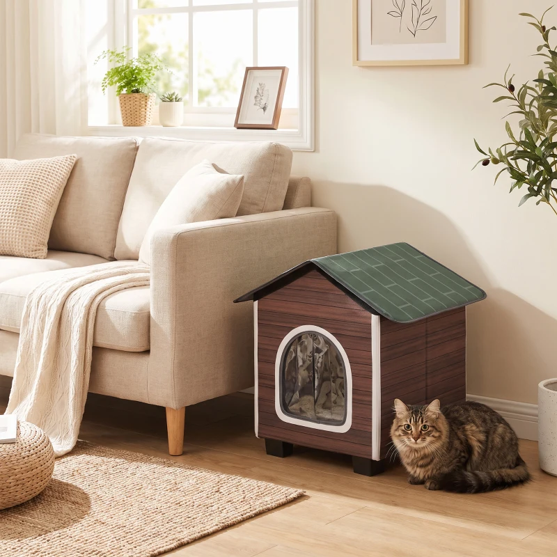 PawHut Insulated Outdoor Cat House, Water-Resistant Feral Cat Shelter with Elevated Base and Cushion, Red-brown