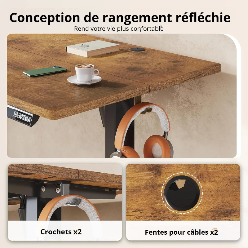 Bureau assis-debout électrique, moteur silencieux, 3 positions mémoire, système anti‑collision, 100×60 cm, 72–118 cm, 100x60x72-118 cm, marron