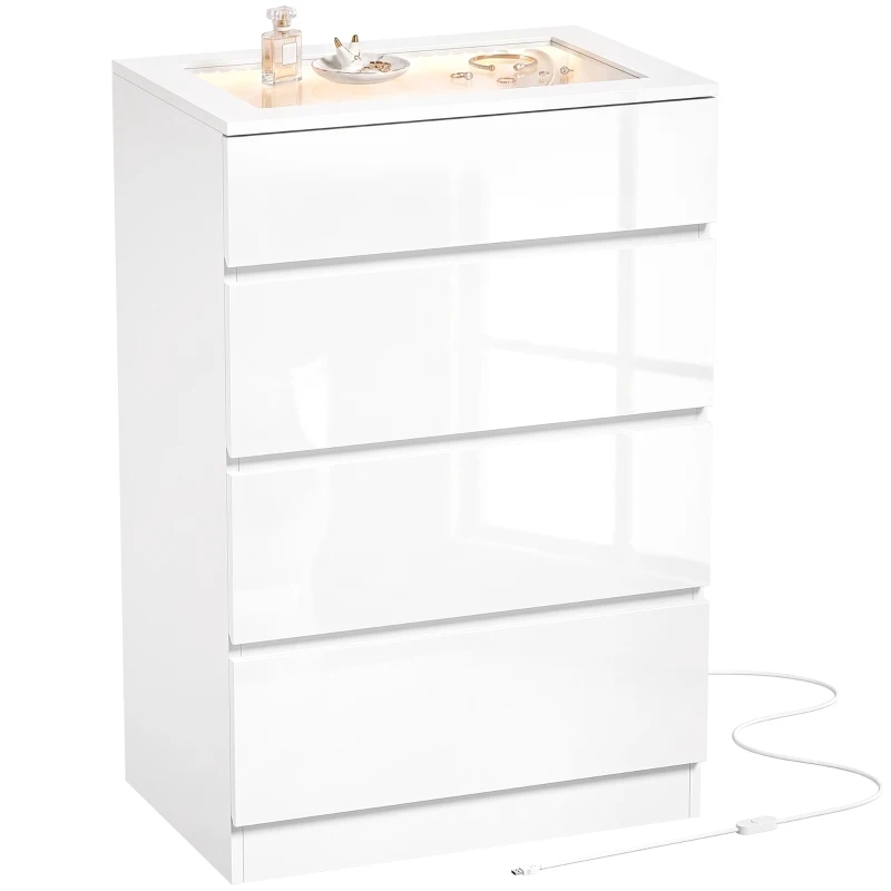HOMCOM High Gloss 4 Drawer Chest of Drawers with Glass Top and RGB LED Lights, Dresser with Jewelry Organizer, APP Control