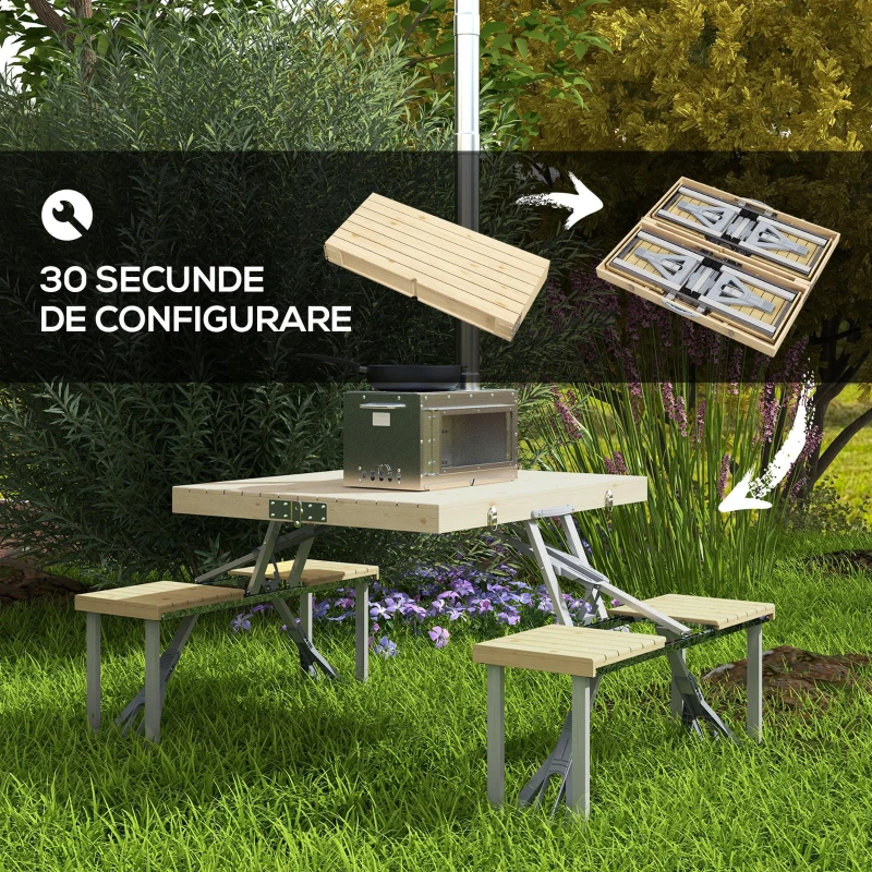 Outsunny Masă de Picnic Pliabilă cu Scaune Integrate și Orificiu pentru Umbrelă din Aluminiu și Lemn