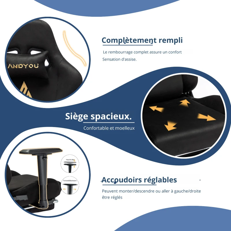 Chaise gaming avec repose-pieds, en similicuir suédé respirant, réglable en hauteur avec vérin à gaz, pivotante, 70x70x135 cm, Noir