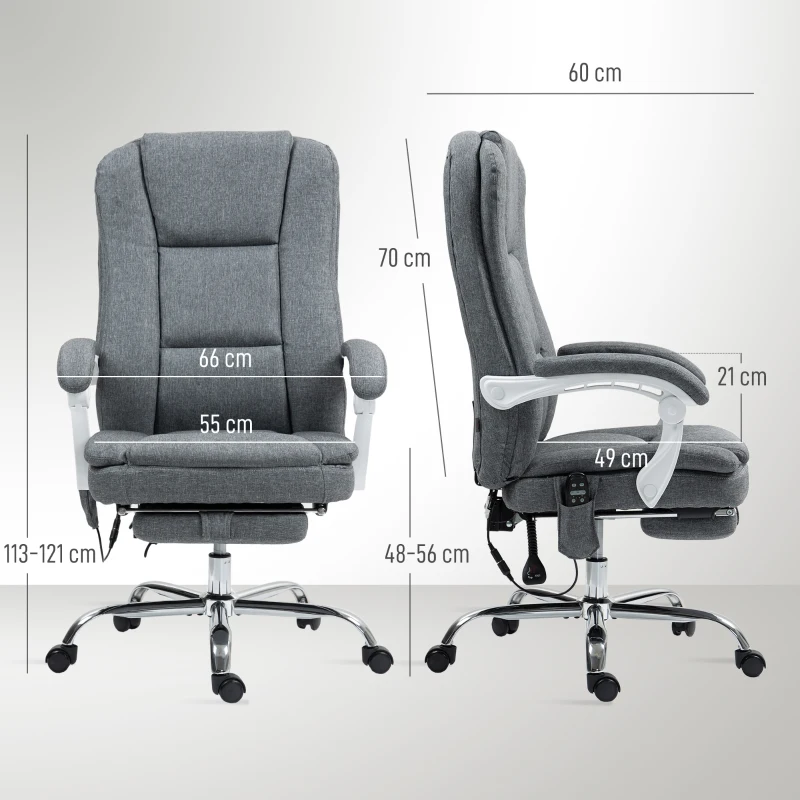 HOMCOM Fauteuil de bureau massant et chauffant chaise de bureau avec hauteur réglable dossier inclinable 66x60x113-121cm gris