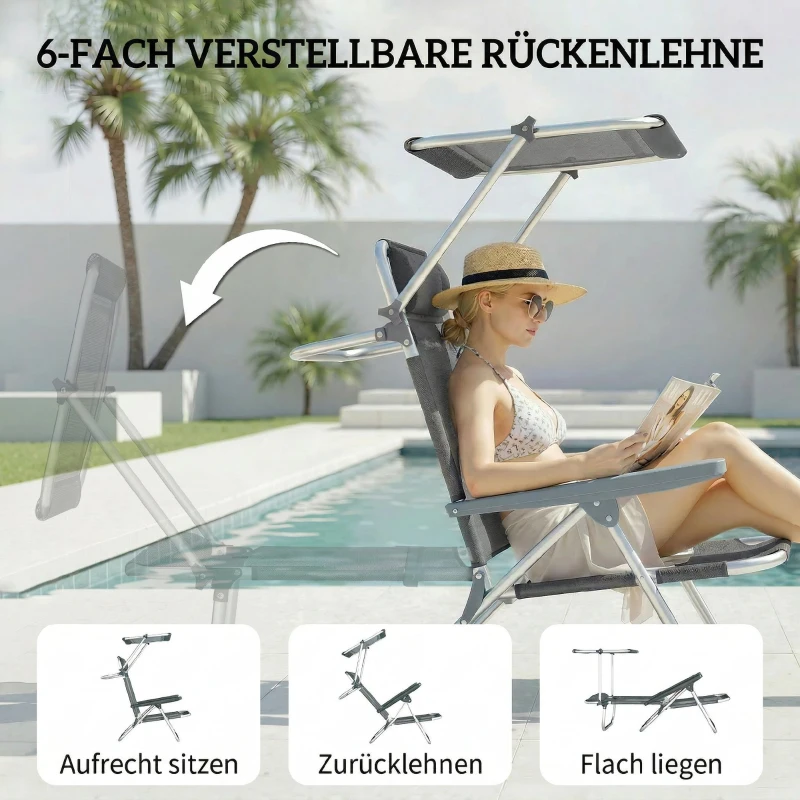 Outsunny Inklapbare ligstoel tuinligstoel met hoofdkussen en verstelbaar zonnedak 6-voudig verstelbare rugleuning 62 x 68 x 79 cm Donkergrijs
