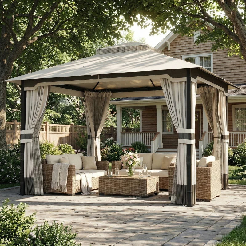 Outsunny 3 x 3.6 m Outdoor Garden Gazebo with Netting and Curtains, Double Roof Patio Gazebo Permanent Pavilion, Light Grey