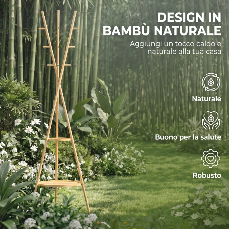 HOMCOM Albero Porta Abiti con 9 Ganci e 2 Ripiani, Naturale