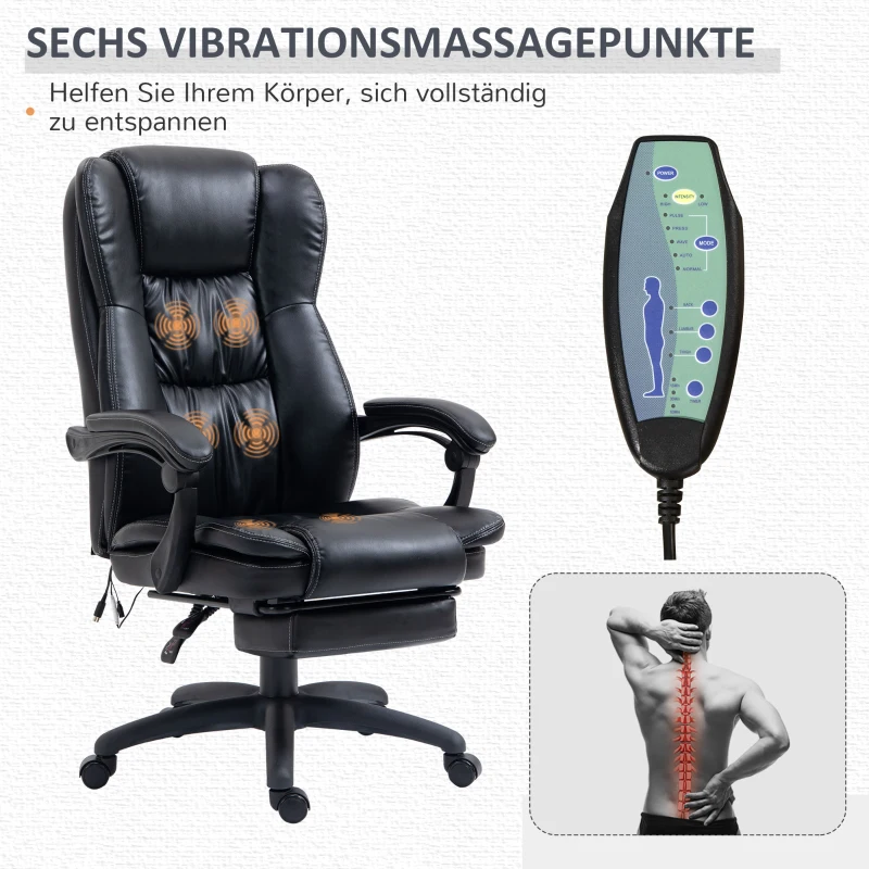 Vinsetto bureaustoel stoel directiestoel draaibare stoel met massagefunctie ligfunctie kunstleer schuim PP kunststof nylon zwart 68,5 x 68,5 x 119-127 cm