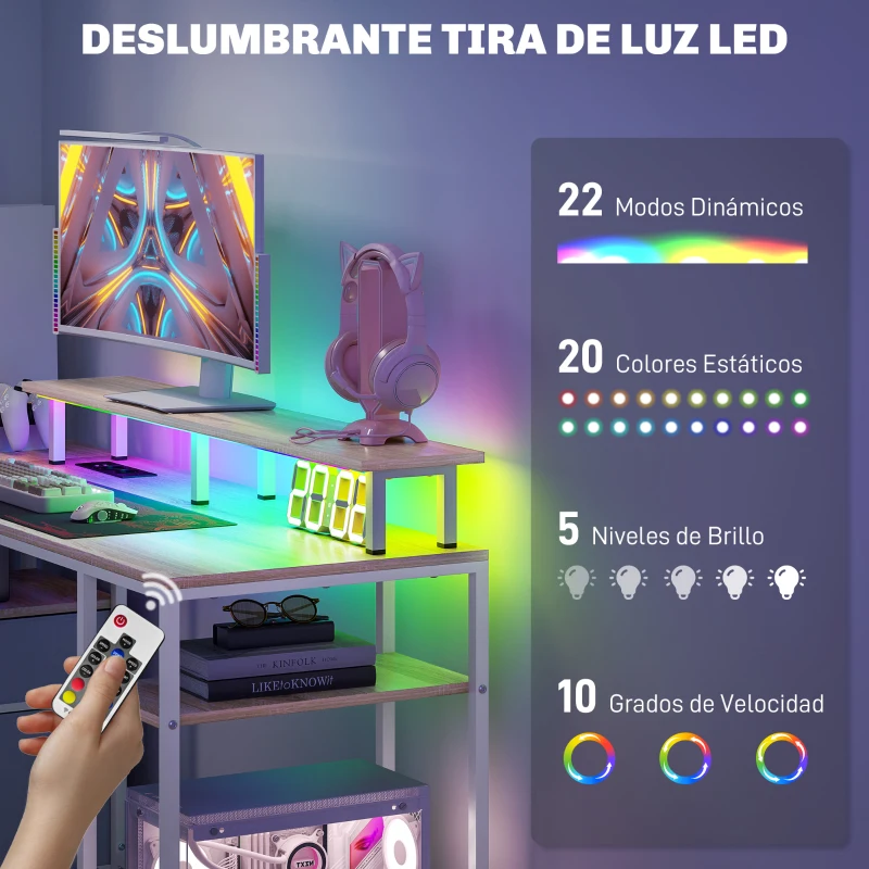 HOMCOM Mesa de Escritorio con Luces LED Cajones Tomas de Corriente Puertos USB y Soporte para Monitor 155,5x48x88,5 cm Natural