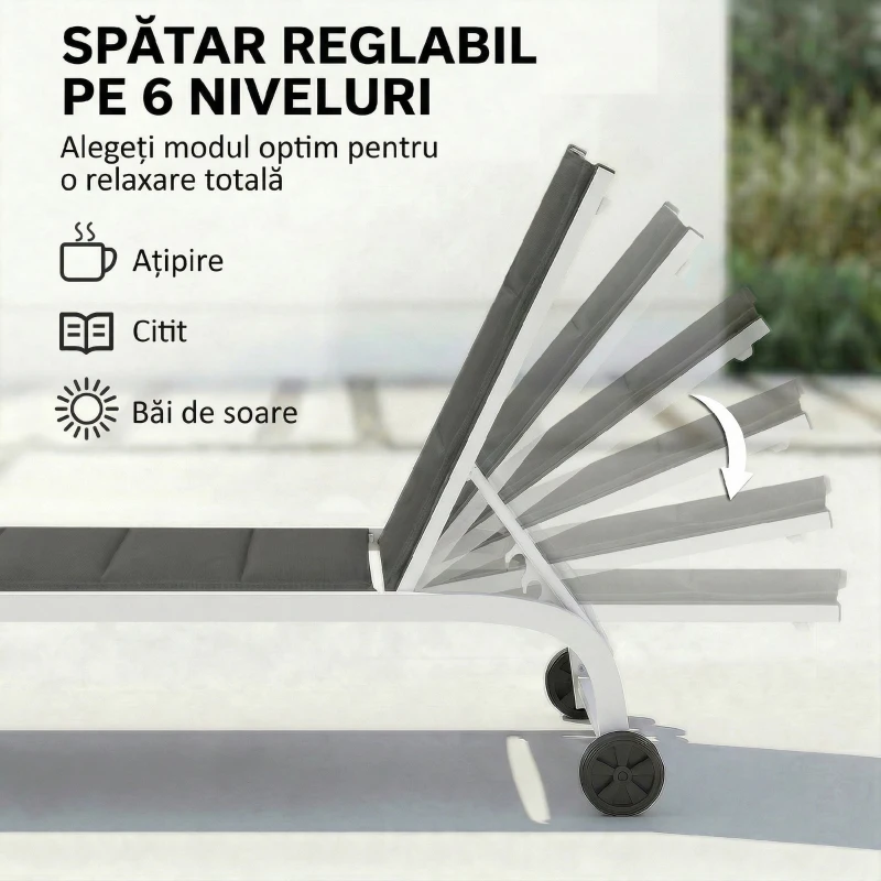 Outsunny Șezlong cu Roți, Spătar Reglabil, Cadru din Aluminiu, Cu Capitonare, Greutate Maximă 120 kg, Alb