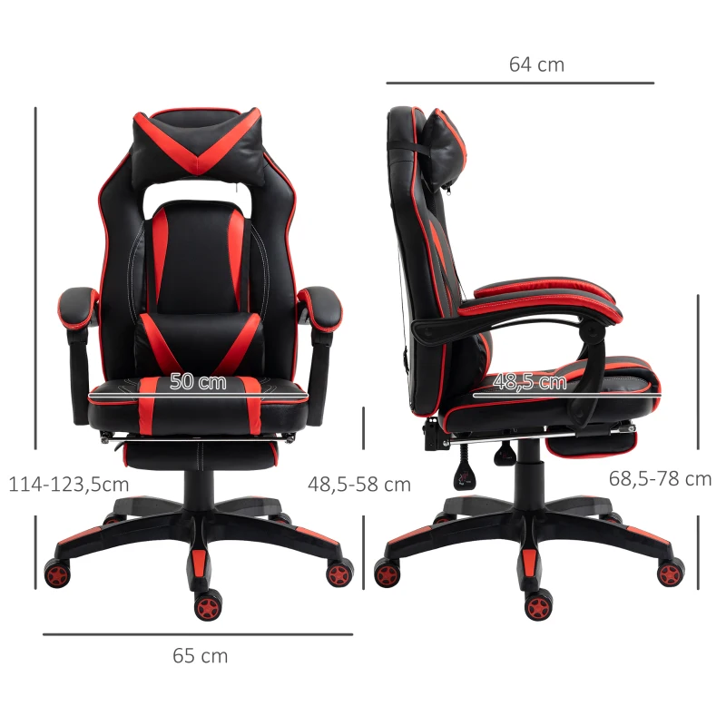 HOMCOM Fauteuil gamer, chaise gaming, siège de bureau réglable, avec repose-pieds et coussin, pivotant inclinable revêtement synthétique noir rouge