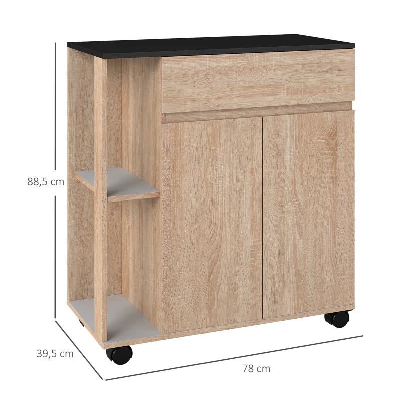 HOMCOM Chariot de service desserte de cuisine à roulettes multi-rangements placard double portes + 2 étagères + tiroir panneaux particules chêne noir