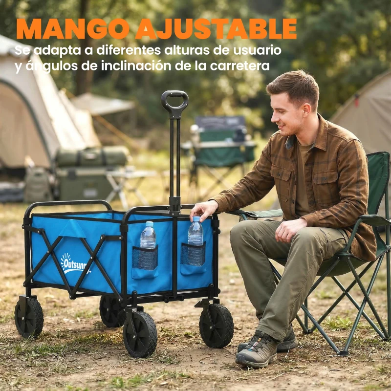 Outsunny Carro de Jardín Plegable con Ruedas Bloqueables Mango Ajustable Portavasos Carga 80 kg para Campaña 85x50x99 cm Azul