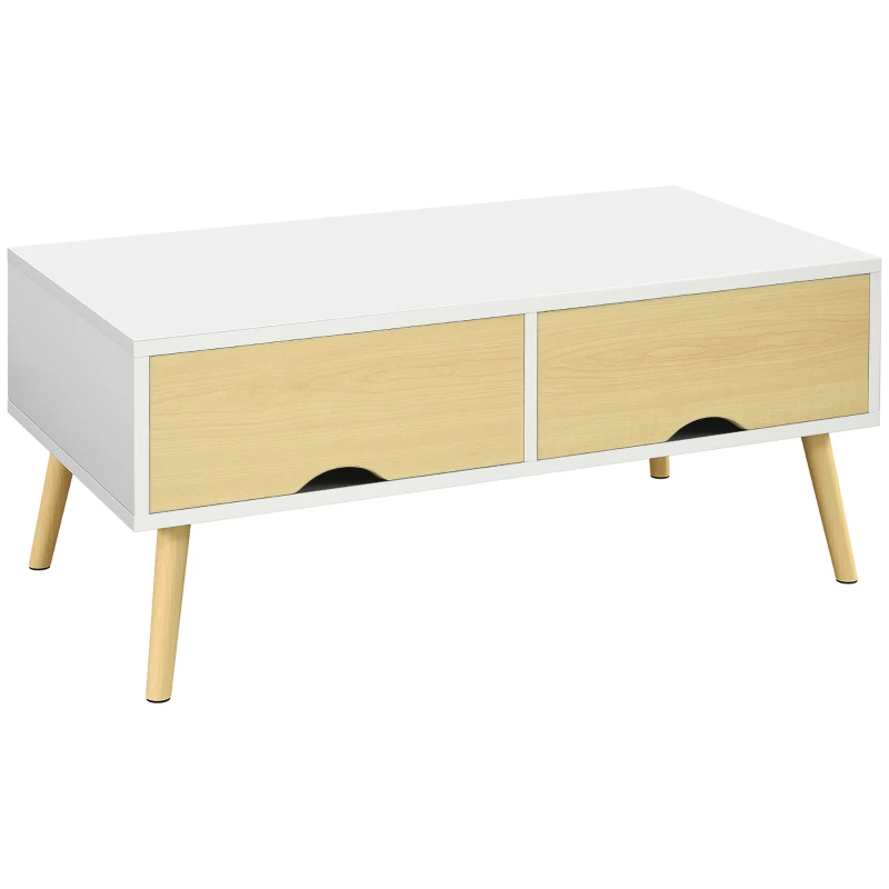 HOMCOM Table basse de salon rectangulaire avec 2 tiroirs et 1 compartiment ouvert 90 x 48 x 39 cm blanc et naturel