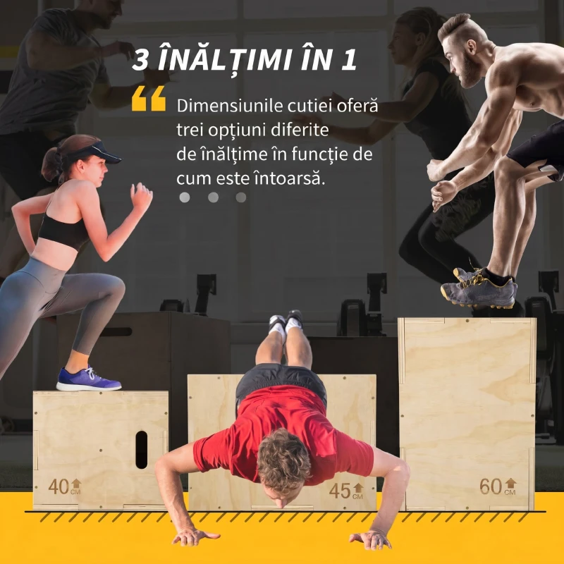 HOMCOM Box Jump cu 3 înălțimi reglabile pentru acasă și sală, din lemn de fag, 45x40x60 cm