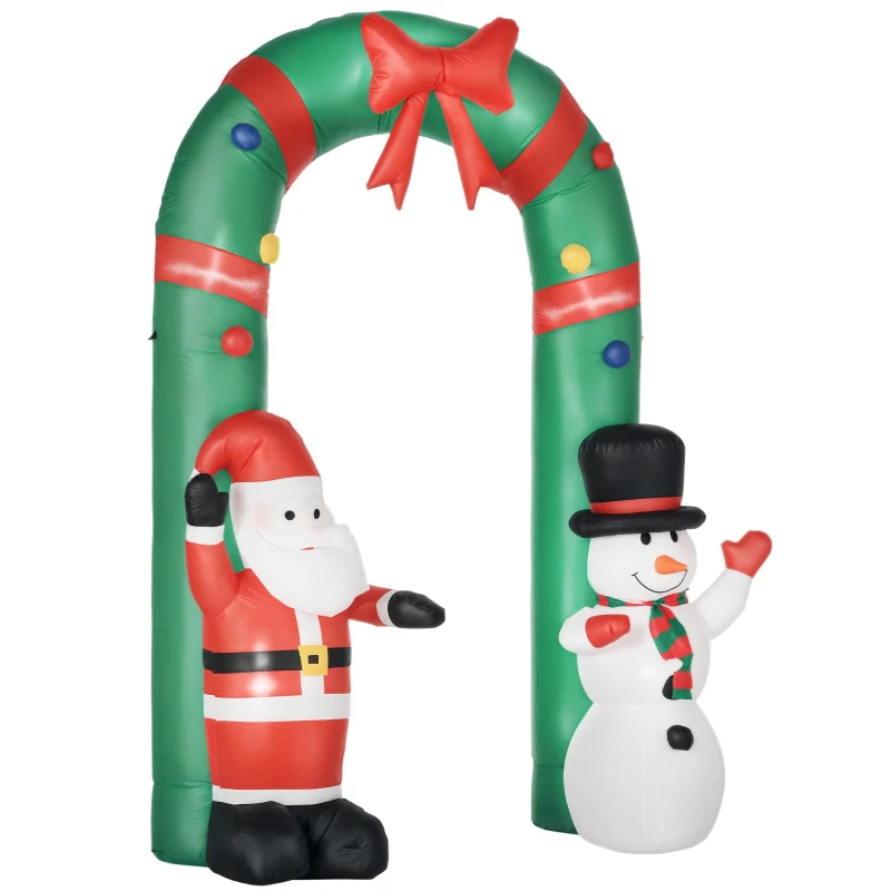 HOMCOM Opblaasbare boog met kerstman en sneeuwpop, LED-verlichting, ingebouwde ventilator, 198 x 80 x 245 cm.