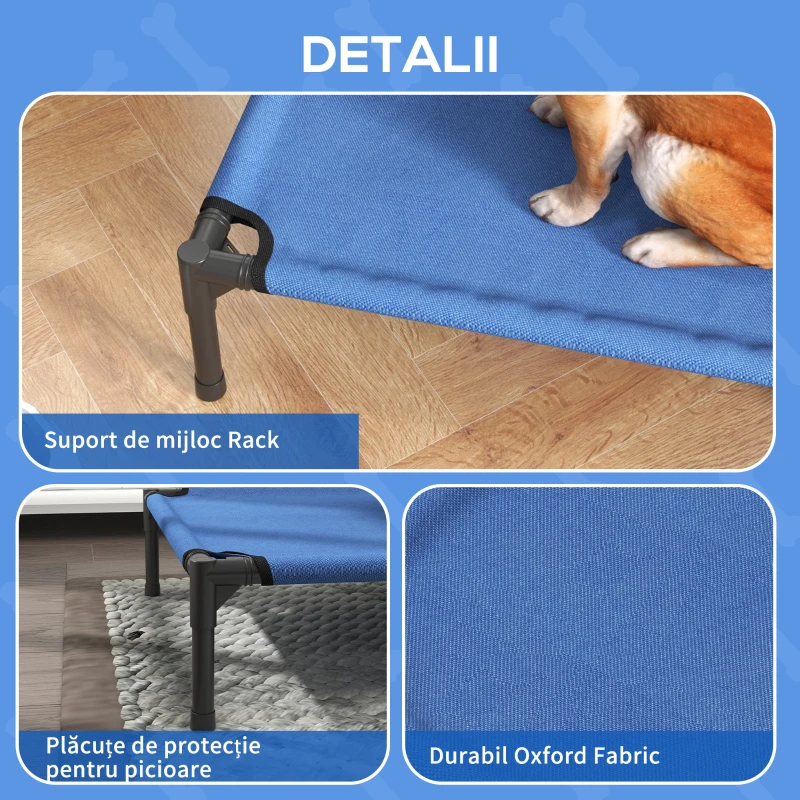 PawHut Pat ridicat pentru câini, pliabil, utilizabil în interior și exterior, cu cadru metalic și material Oxford, 76x61x18 cm, albastru