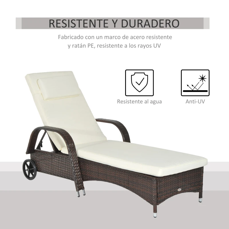 Outsunny Tumbona de Ratán de Jardín Chaise Longue con Respaldo Ajustable en 5 Posiciones Cojines Acolchados Reposacabezas y 2 Ruedas Carga 160 kg 200x73x30-103 cm Crema y Marrón