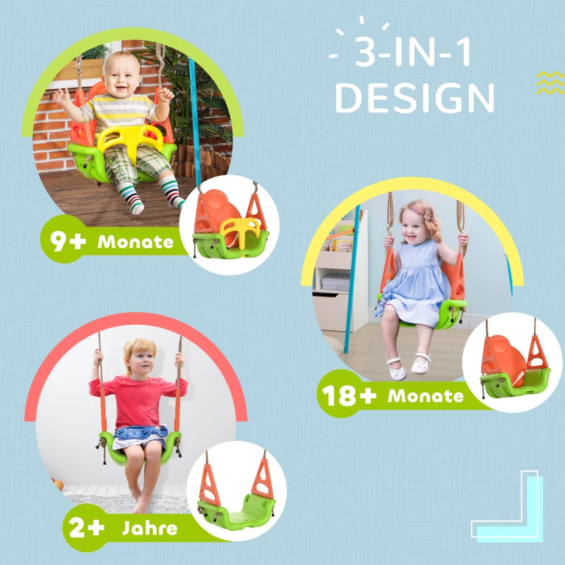 Outsunny 3-in-1 babyschommel, kinderschommel met verstelbaar touw, groen
