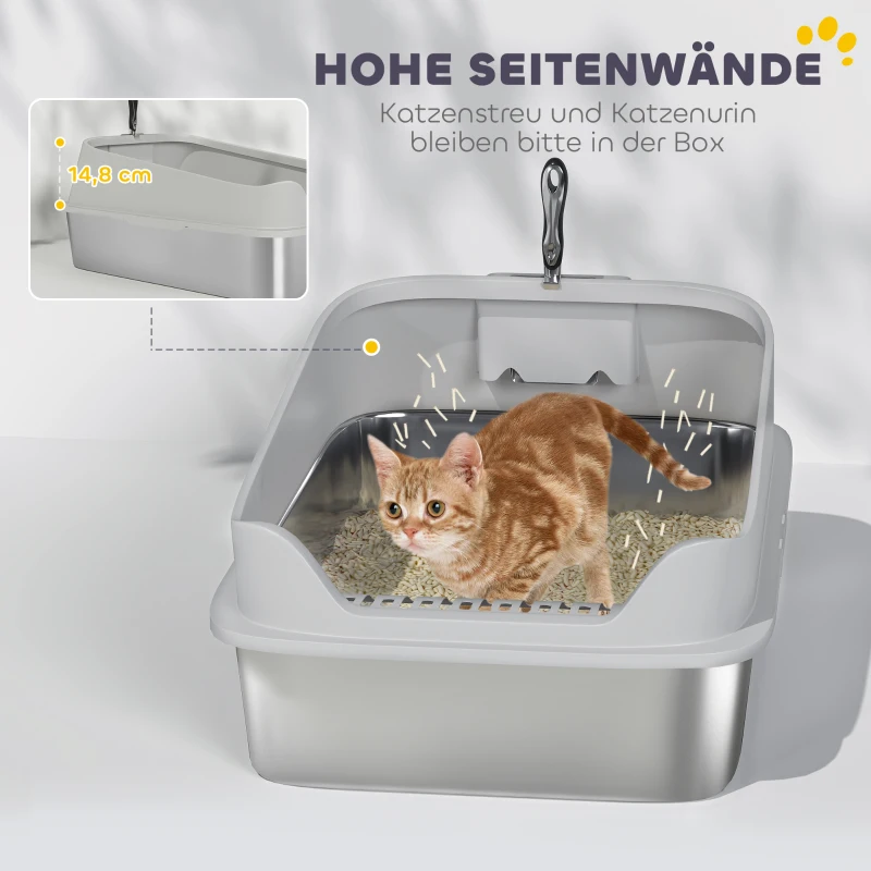 PawHut Roestvrijstalen open kattenbak met schep en hoge rand voor grote katten tot 12 kg 69,8 x 50,3 x 29,8 cm Grijs