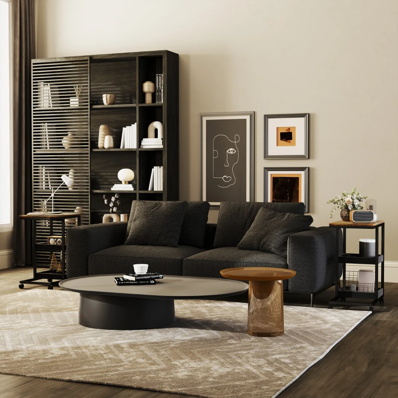 HOMCOM Mobile Sofa Side Table Set of 2, Industrial C-Shaped Rolling Table with 3-Tier Storage Shelving, Four Lockable Wheels Steel Frame, Dark Brown