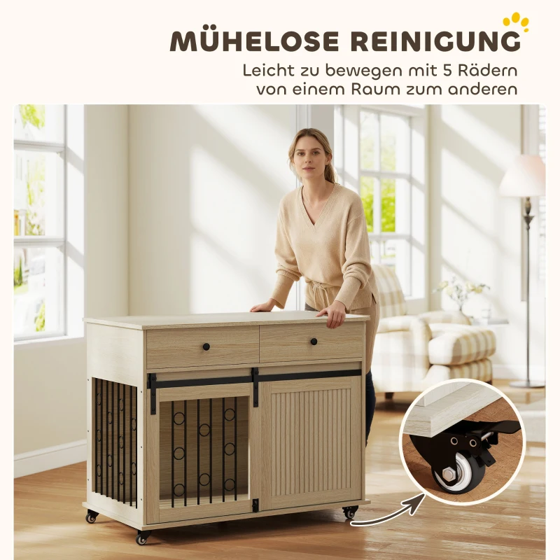 PawHut Hondenbench op wielen, 2 deuren, 2 lades, voor middelgrote en grote honden, hout, staal(m-5)