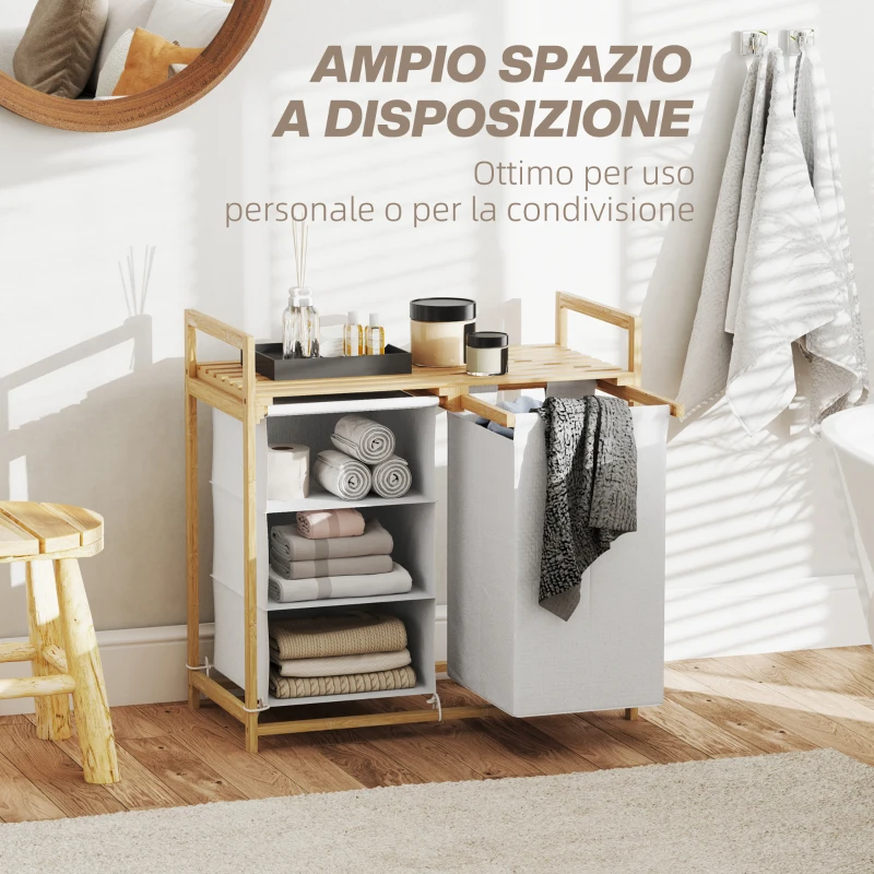 HOMCOM Cesto Portabiancheria con 2 Borse Estraibili, Maniglie e Ripiano in Bambù, 70x36x70 cm, Bianco