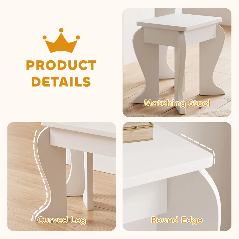 HOMCOM Kids Dressing Table Set, with Mirror and Drawer - White