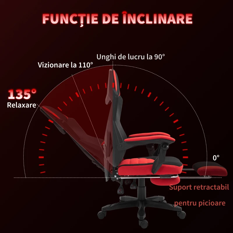 Scaun de Birou Ergonomic și Reclinabil Vinsetto cu Suport pentru Picioare, din Material Textil Respirabil, 58x63x112-122 cm, Negru și Roșu