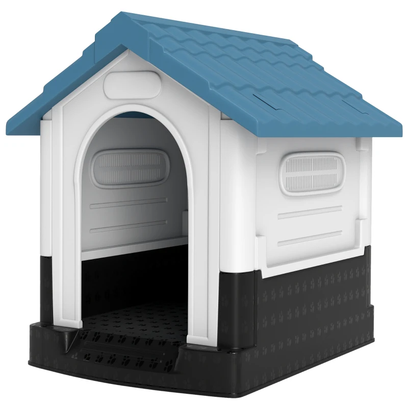 PawHut Cușcă pentru Câini de Exterior din Plastic, Căsuță pentru Câini Mici cu Ferestre, Acoperiș Înclinat și Bază Ridicată, 64,5 x 57 x 66 cm, Albastru