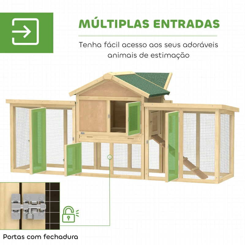PawHut Galinheiro Grande para Exterior em Madeira 204x85x93 cm com Caixa de Ninho Cercado Bandeja Removível e Poleiro Madeira