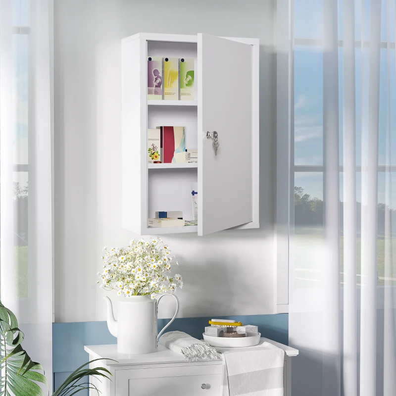 kleankin Botiquín de Pared de Metal con 3 Estantes y Cierre con Llave Armario de Medicamentos 40x18x60 cm Blanco